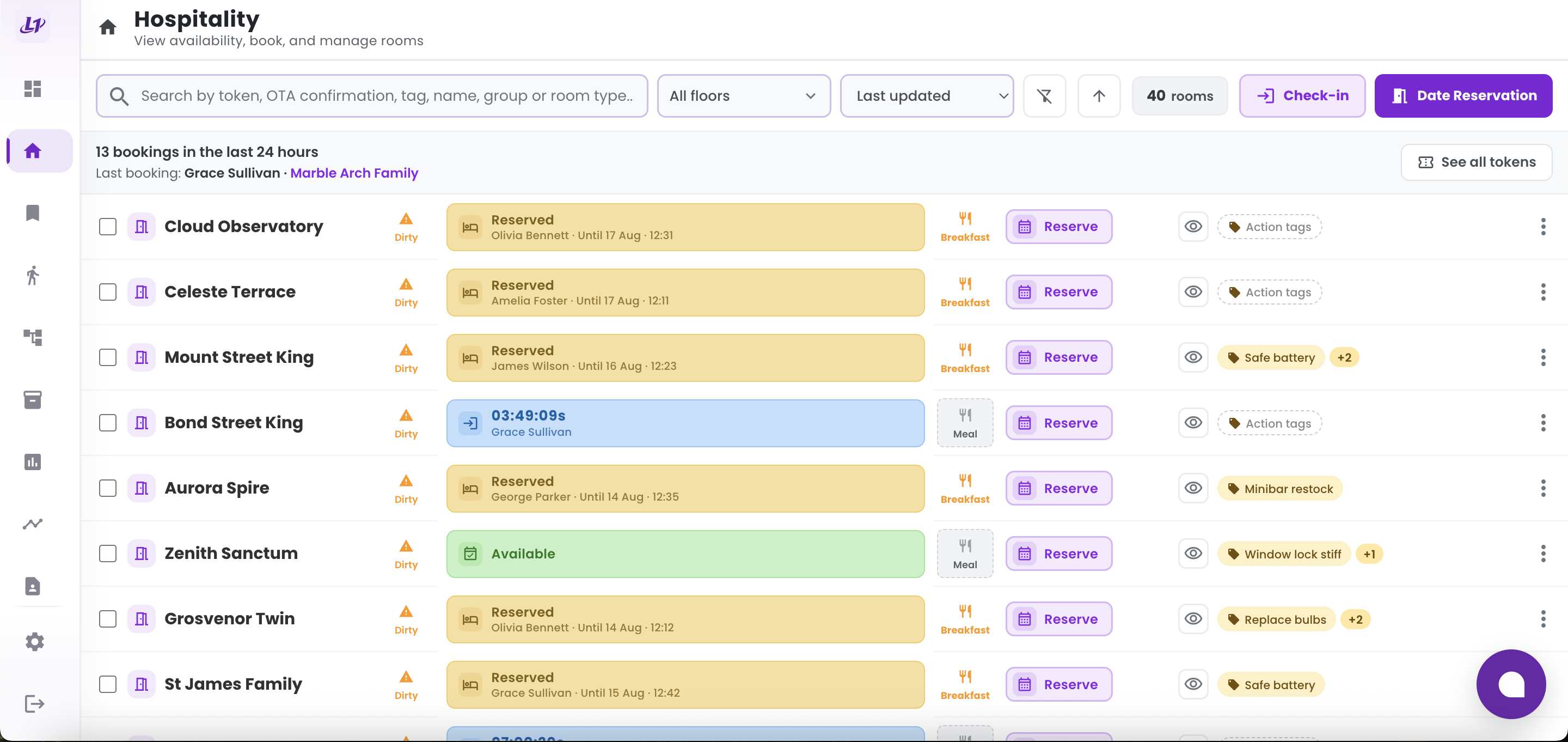 LodgeFirst hospitality desk showing room availability, status and reserve actions